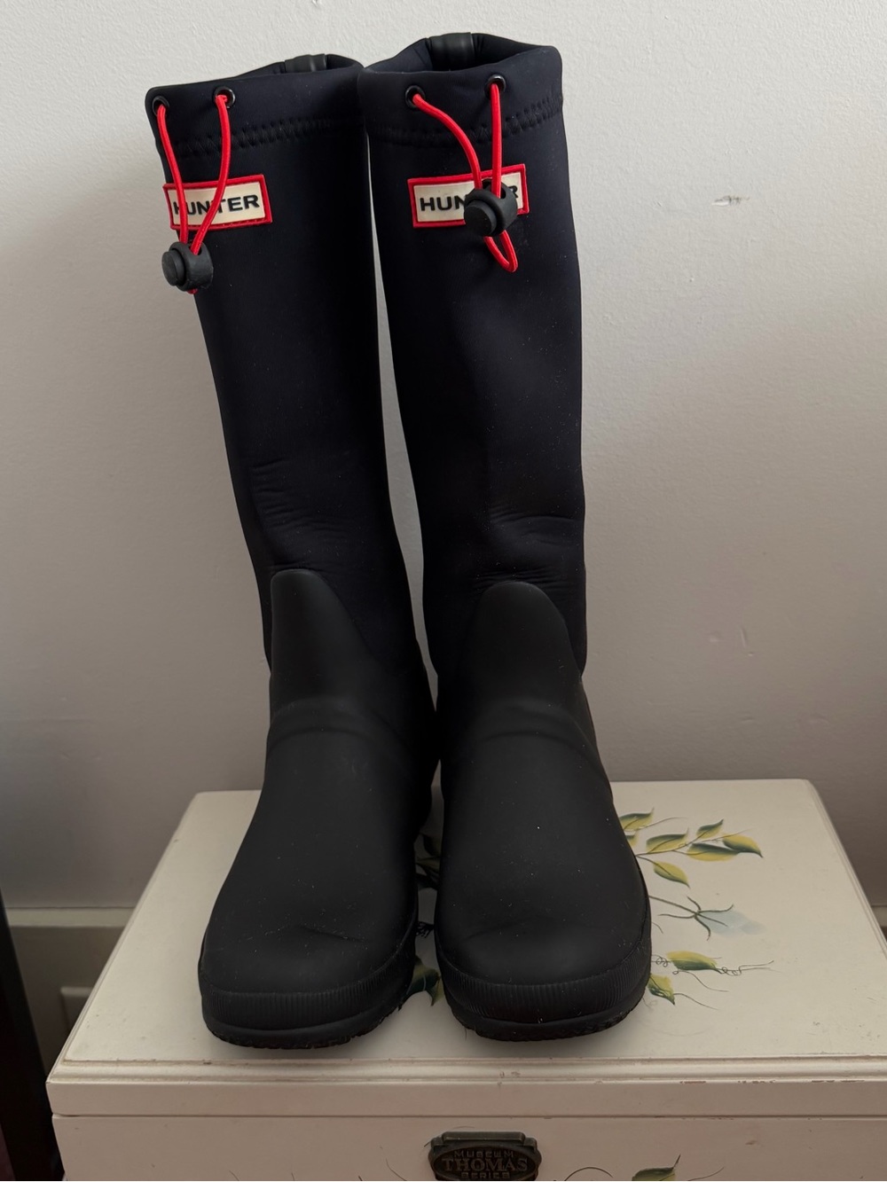 Hunter Black Tall Rain Boots with Red Drawcord Accents